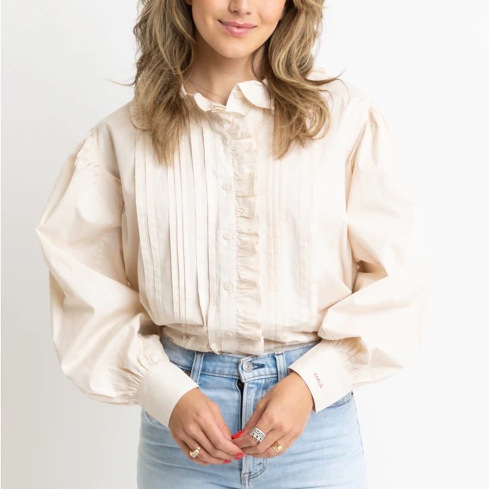 Women's Cream Pintuck Ruffle Front Blouse